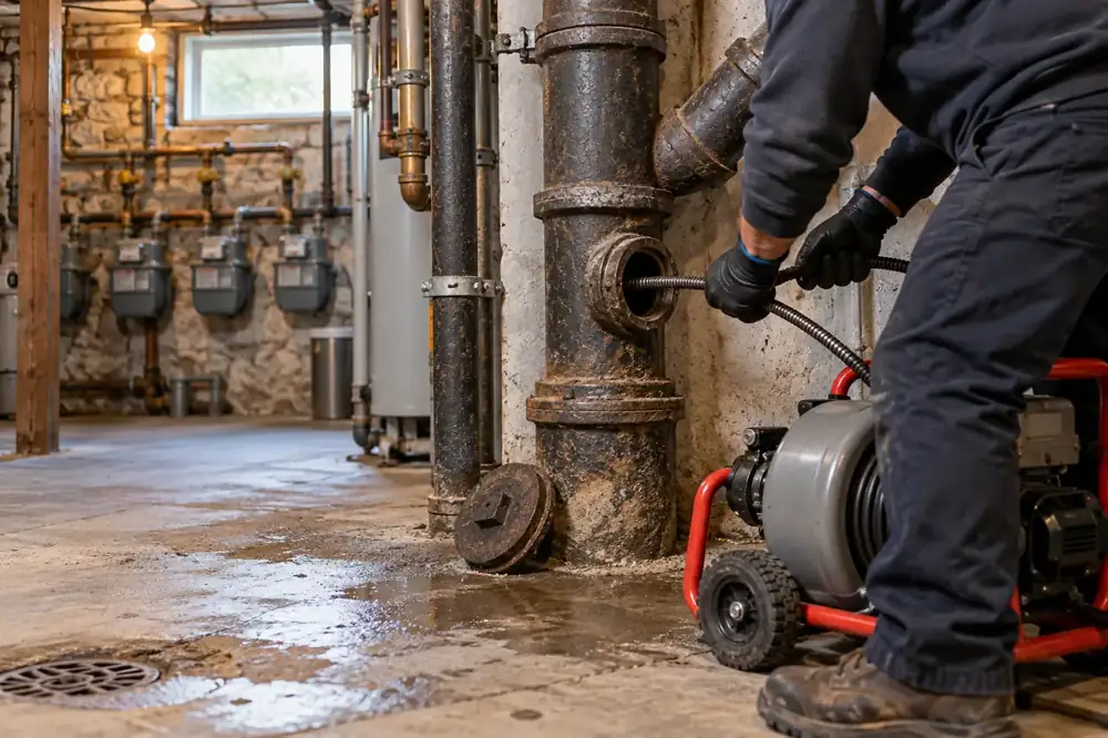 Technician feeding a drain cable into a shared basement stack
