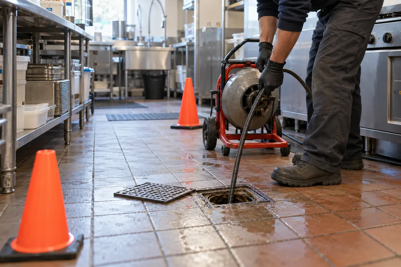 Technician using a cable machine on a commercial kitchen floor drain