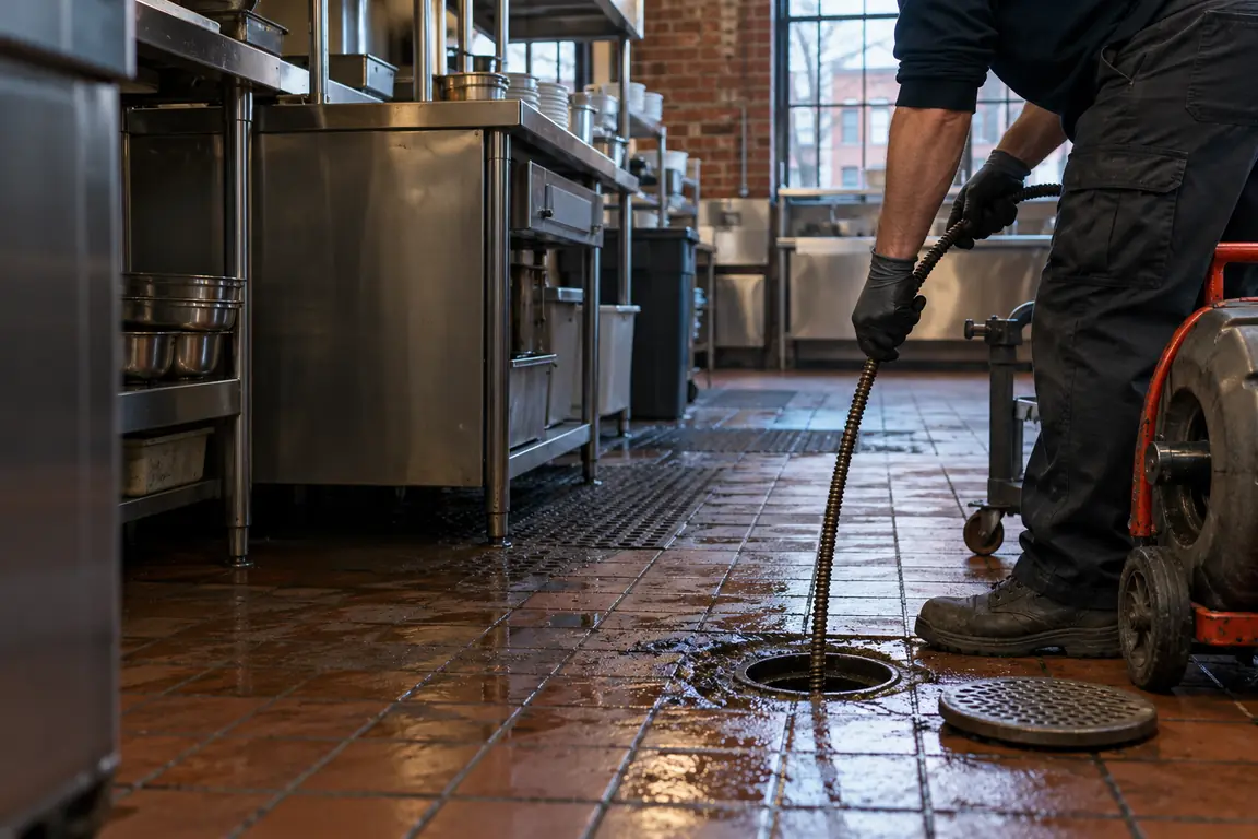 Technician clearing a restaurant kitchen floor drain in Downtown Middletown