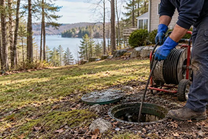 Cable machine and open septic tank access beside an East Hampton CT home