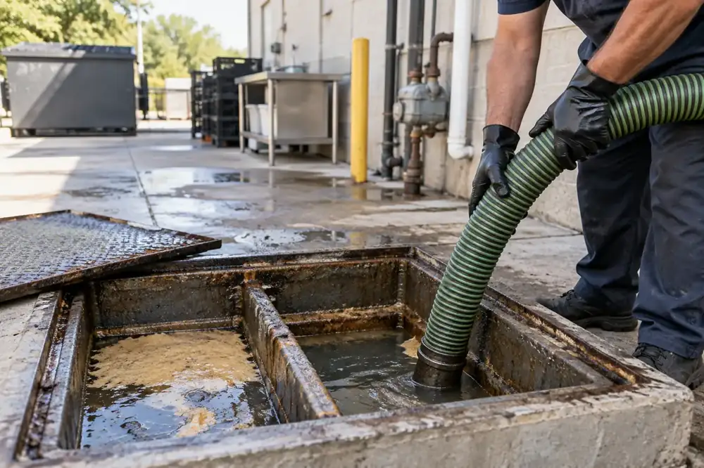 Vacuum hose removing waste from an outdoor commercial grease trap