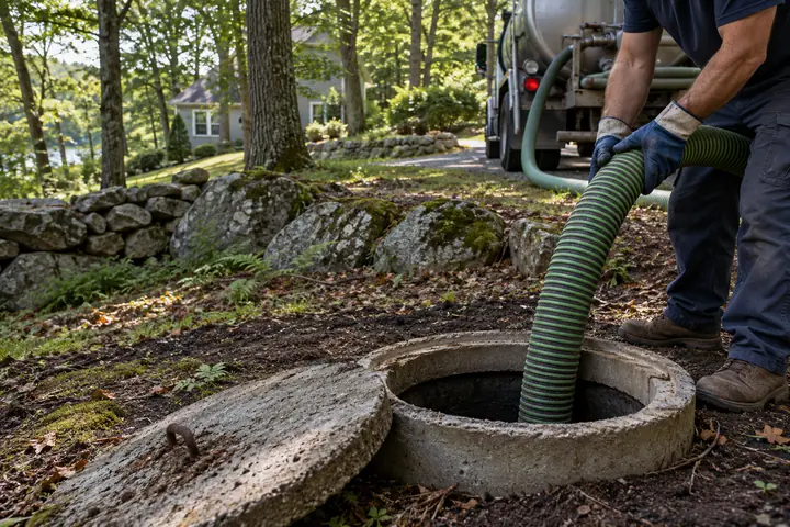 Technician servicing a septic tank on a wooded Haddam CT property