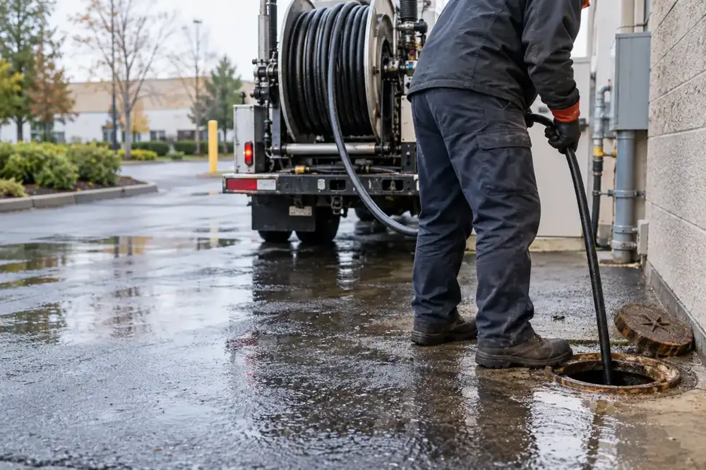 Hydro jetting hose reel and service equipment beside a drain access