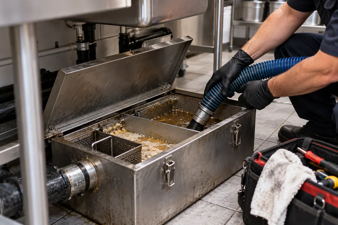 Technician cleaning an indoor grease recovery unit beneath a commercial sink