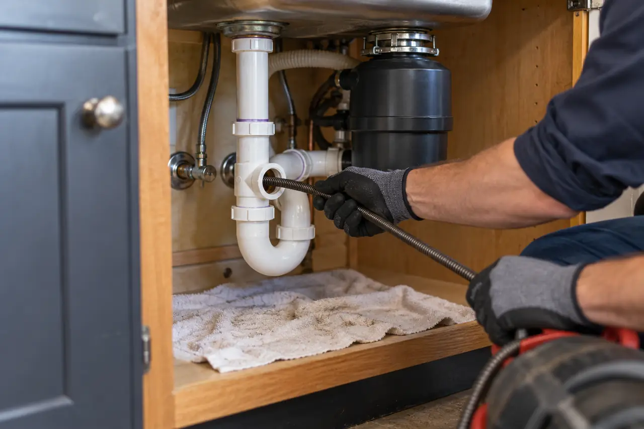 Technician servicing the trap and drain beneath a kitchen sink