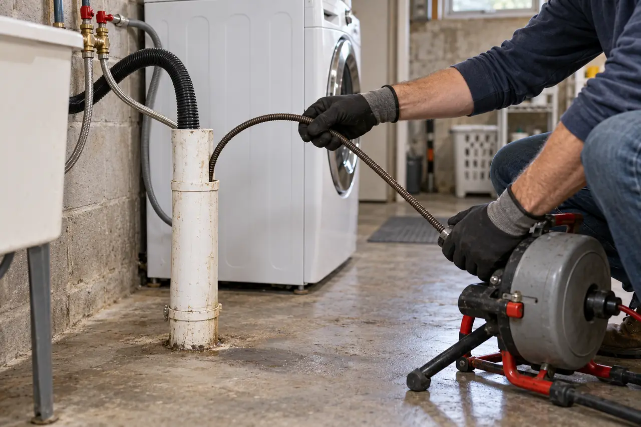 Cable machine clearing a laundry drain beside a washing machine