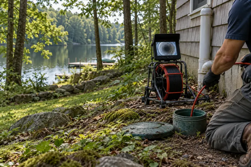 Camera inspection equipment beside a septic tank access in Middlefield CT