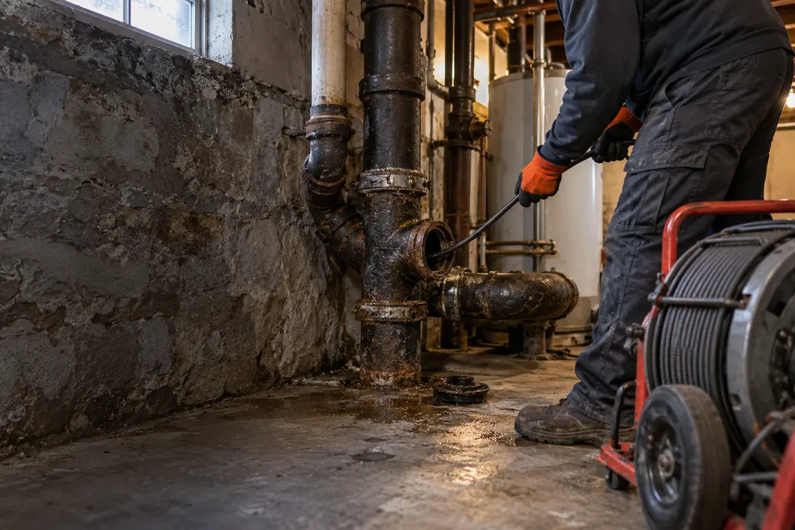 Technician clearing a cast iron drain stack in a Newfield Middletown basement