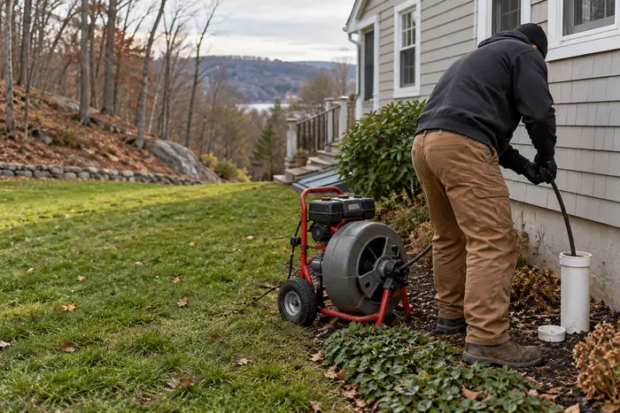Technician clearing an exterior drain at a Portland CT home