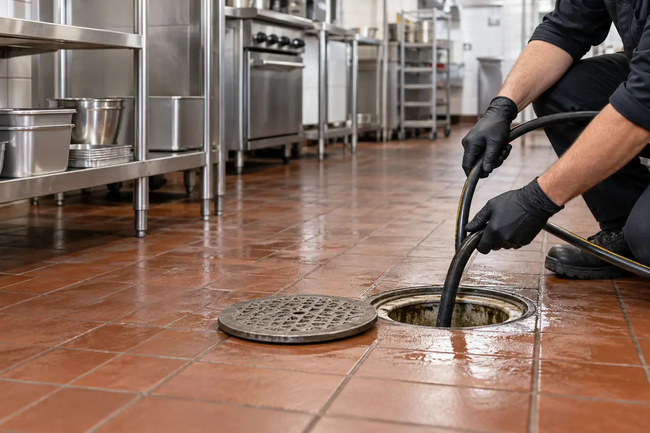Technician clearing a restaurant kitchen grease line through a floor drain