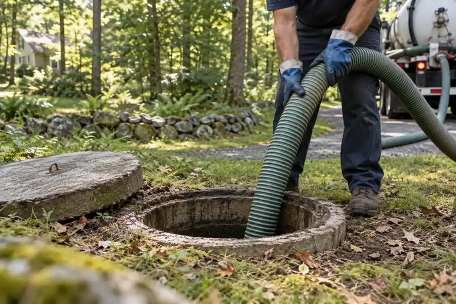Vacuum hose pumping an open septic tank on a wooded property