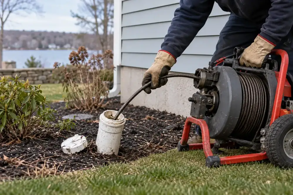 Technician feeding a cable into an outdoor sewer cleanout