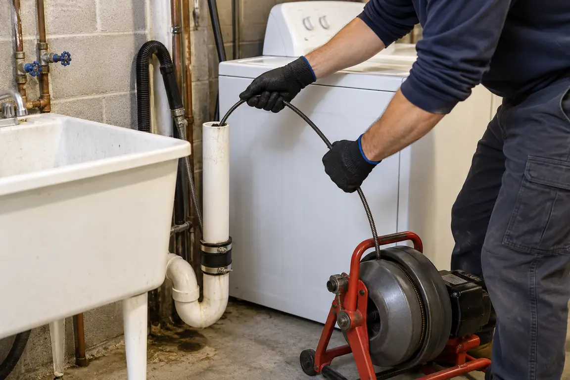 Drain cable machine clearing a laundry drain in Westfield Middletown